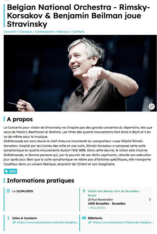 Page Internet. Palais des Beaux-Arts de Bruxelles. Belgian National Orchestra - Rimsky-Korsakov & Benjamin Beilman joue Stravinsky. 2025-04-12